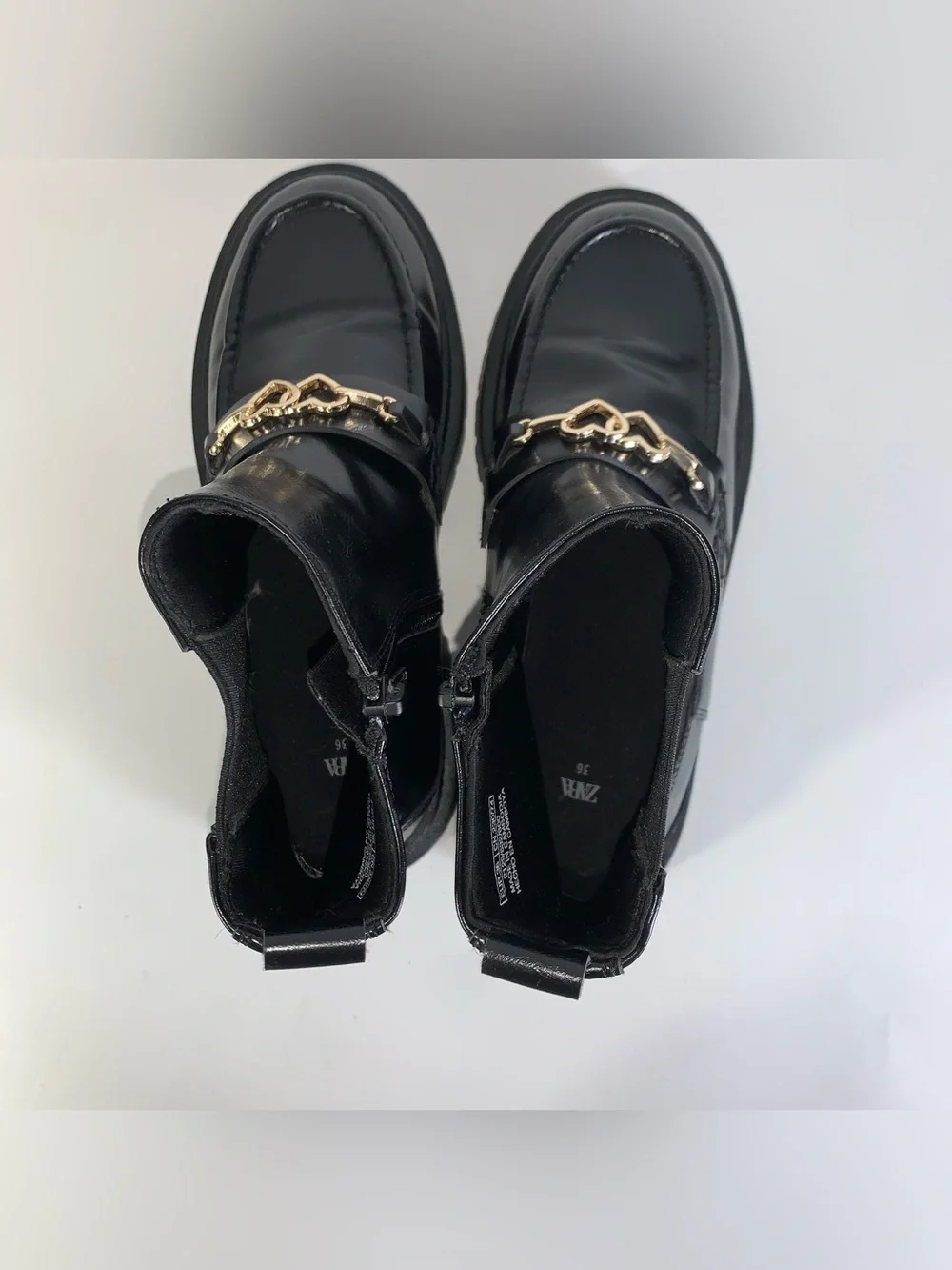 Zara patent finish  chelsea ankle booties  with heart chain detail 36 EU, 5.5 US